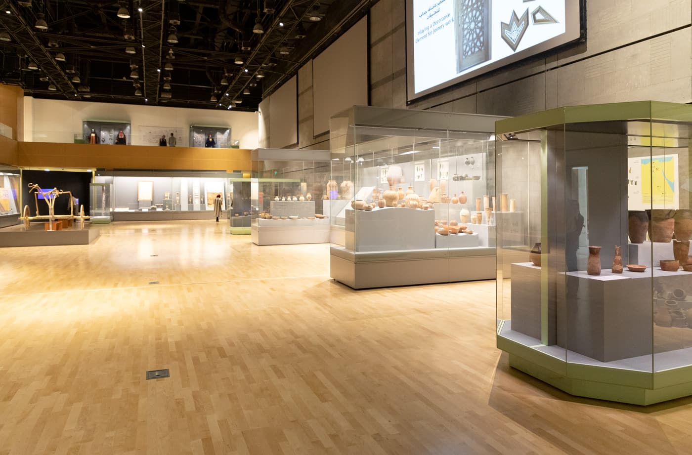 Display cases in the main hall of the National Museum of Egyptian Civilization