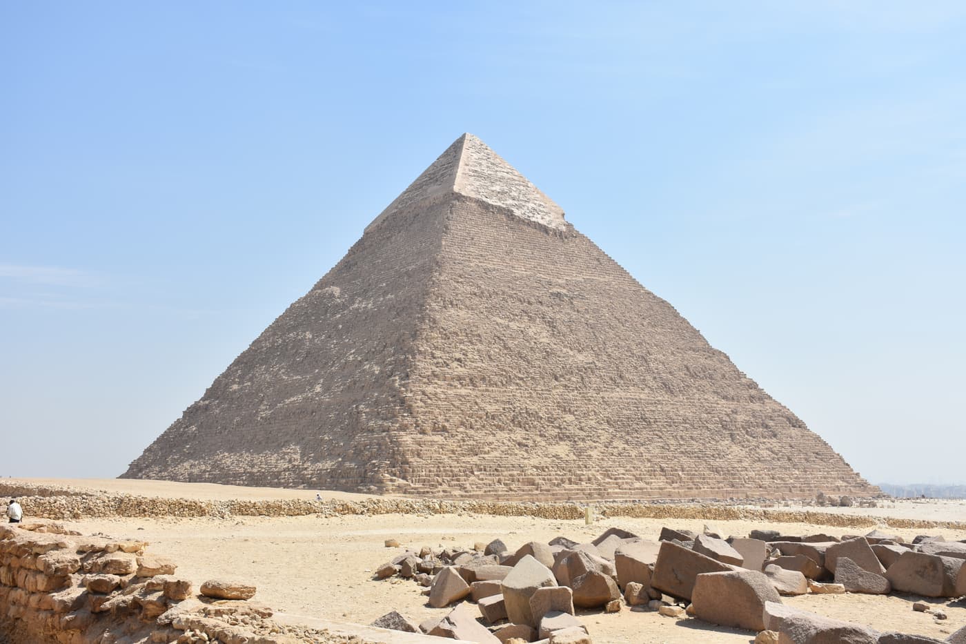 The pyramid of Khafre with its limestone casing surviving at the top