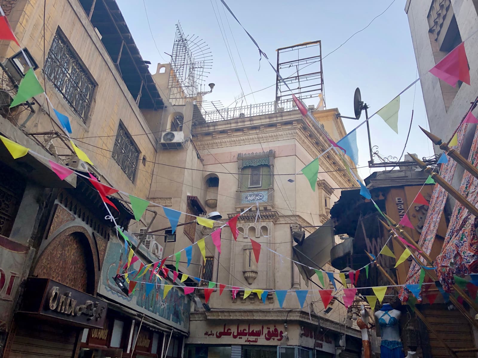A bunting-hung street in the historic bazaar district of Cairo